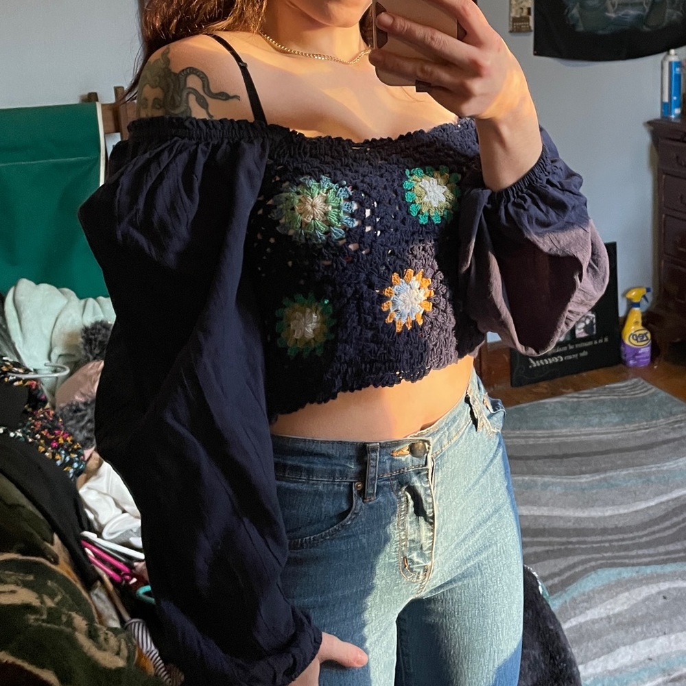 Dark blue off the shoulder crochet top